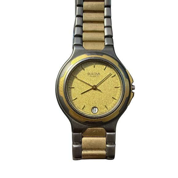Vintage Bulova Quartz Two-Tone Gold Dial Date Wristwatch Men's Watch